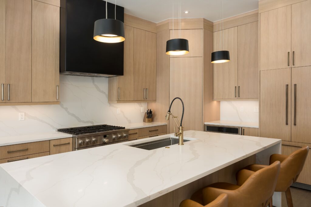 This is a picture of a kitchen featuring White Oak cabinetry from Bridgewood Cabinetry in Dillon, CO.