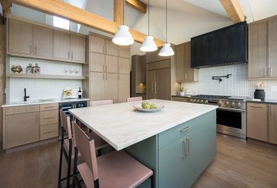 Bridgewood, Rift Cut White Oak, Cologne, Cashmere; Island: Painted MDF, Scandia, Rosemary Custom Paint