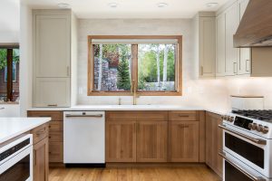 This is a kitchen featuring white oak and painted cabinetry