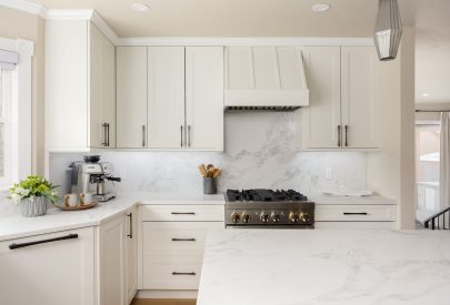 Perimeter: Bridgewood, MDF, White, Austin Island: Bridgewood, MDF, Custom Paint, Austin
