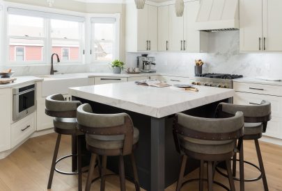 Perimeter: Bridgewood, MDF, White, Austin Island: Bridgewood, MDF, Custom Paint, Austin